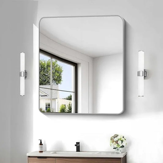CIVENO Silver Bathroom Mirror, 30 x 36 Inch Metal Framed Silver Rectangle Mirror, Rounded Corner Rectangular Vanity Mirror, Wall Mounted Mirror for Living Room Bedroom Entryway Horizontal/Vertical - ModernBath