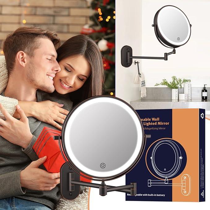5000mAh Rechargeable Wall Mounted Lighted Makeup Vanity Mirror Double Sided 1X 30X Magnifying Bathroom Mirror, 3 Color Lighting, Touch Dimming, Extended Arm 360 Rotation Light up Mirror Antique Bronze - ModernBath