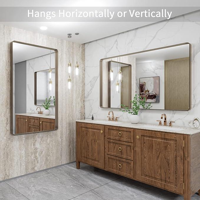 LOAAO 48”X30” Bronze Bathroom Mirrors for Vanity, Rounded Rectangle Brushed Bronze Metal Frame Mirror, Anti-Rust, Tempered Glass, Hangs Horizontally or Vertically - ModernBath