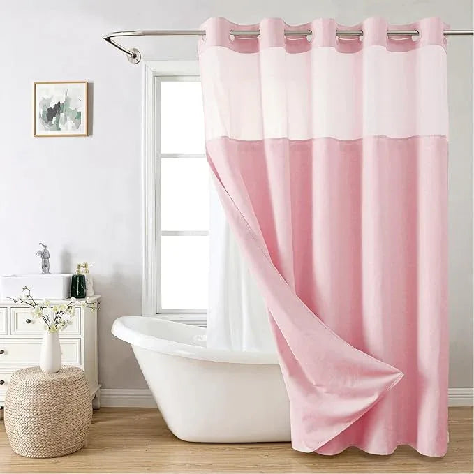 eachope No Hooks Needed Linen Textured Shower Curtain with Snap-in Fabric Liner Set,Hotel Luxury Decor Shower Curtains for Bathroom with Mesh Top Window,Waterproof & Washable,71Wx74H,Pink - ModernBath
