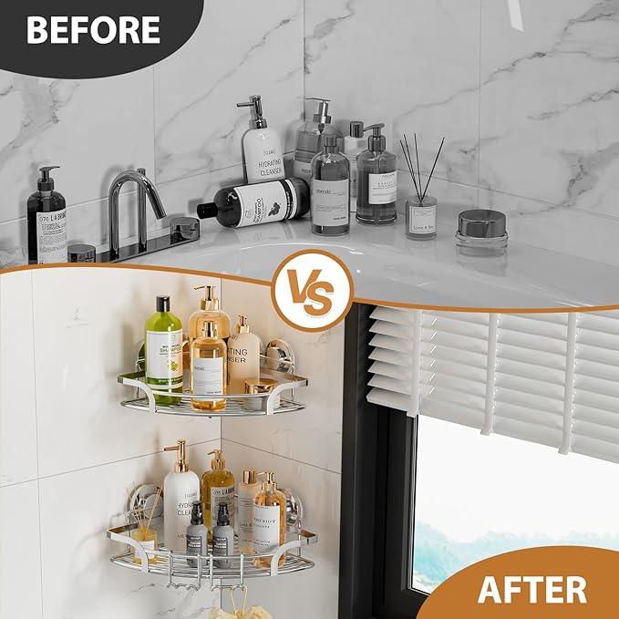 LEVERLOC 2 Pack Powerful Suction Cup Corner Shower Caddy, Stainless Steel Rustproof Shower Shelf with Hooks, Drill-Free Wall Mounted Bathroom Organizer, Large Capacity Removable Suction Basket, Silver - ModernBath
