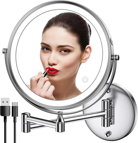 Rocollos Rechargeable Wall Mounted Lighted Makeup Mirror, 8 Inch Double-Sided LED Vanity Mirror 1X/7X Magnification,3 Color Lights Touch Screen Dimmable 360°Swivel 13 Inch Extendable - ModernBath