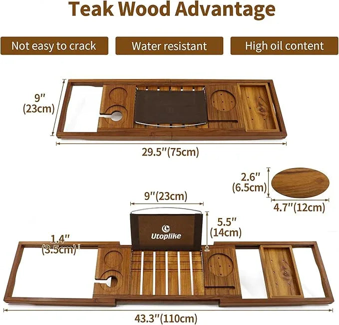Utoplike Teak Bathtub Caddy Tray Bath Tray for Tub, Unique Bathtub Organizer with Book Tablet Wine Glass Cup Towel Holder, Adjustable, for Your Loved - ModernBath