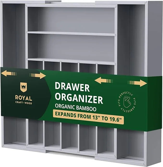 ROYAL CRAFT WOOD Luxury Bamboo Kitchen Drawer Organizer - Silverware Organizer - Utensil Holder and Cutlery Tray with Grooved Drawer Dividers for Flatware and Kitchen Utensils (9 Slot, Gray) - ModernBath