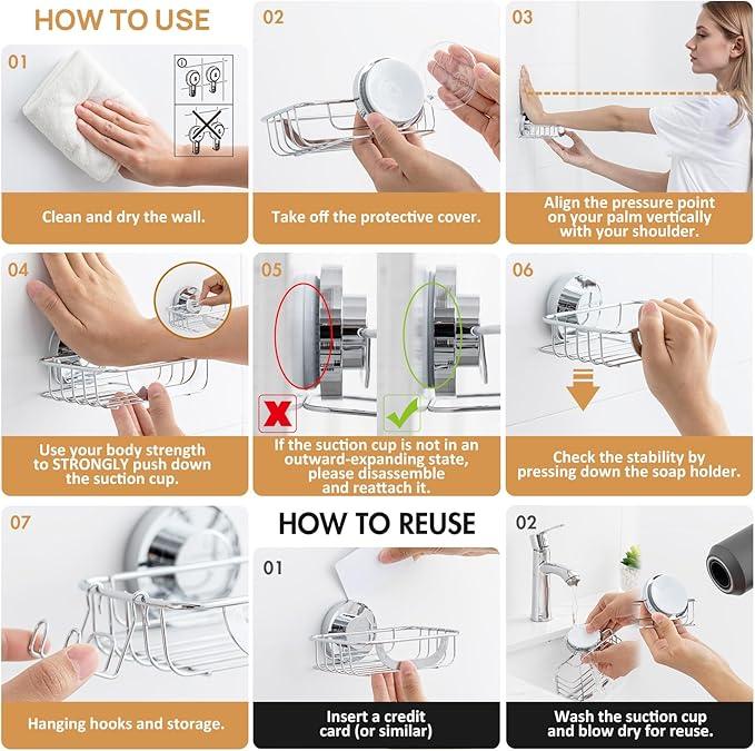 LEVERLOC Bar Soap Holder Dish with Hooks, Soap Tray Suction Cup Wall Mounted for Shower, Stainless Steel Sponge Holder Caddy for Bathroom Kitchen Sink Organizer, Rustproof, Silver - ModernBath