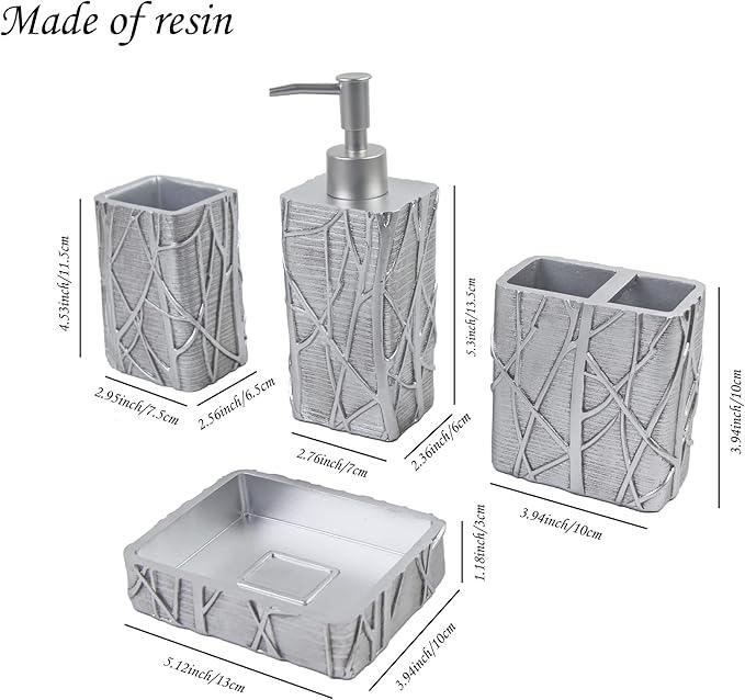 Hymmah Silver Bathroom Accessories Set,Toothbrush Holder,Farmhouse Bathroom Decor,4 Pcs Resin Gift Set Apartment Necessities, Contain Toothbrush Cup,Soap Dispenser,Soap Dish,Tumbler - ModernBath