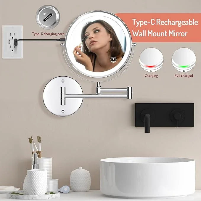 Rocollos Rechargeable Wall Mounted Lighted Makeup Mirror, 8 Inch Double-Sided LED Vanity Mirror 1X/7X Magnification,3 Color Lights Touch Screen Dimmable 360°Swivel 13 Inch Extendable - ModernBath
