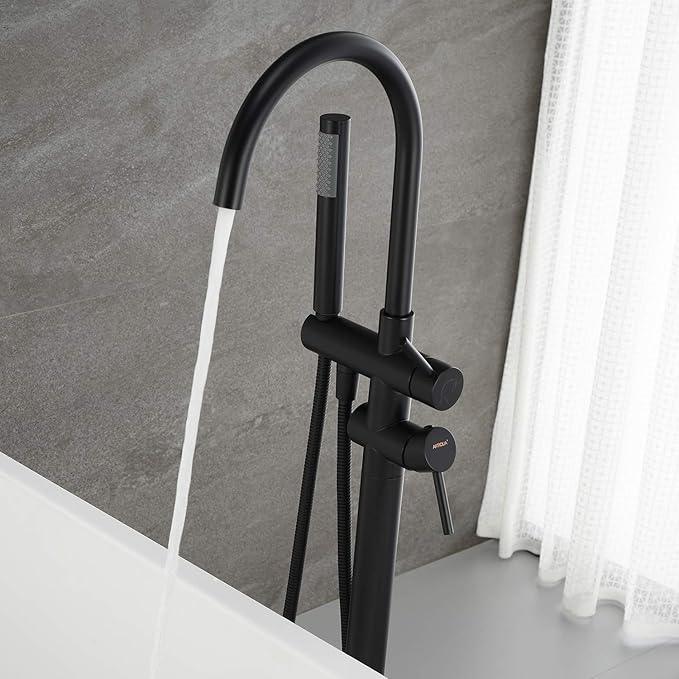 Freestanding Tub Filler Bathtub Faucet Black Floor Mount Brass Bathroom Faucets with Hand Shower - ModernBath