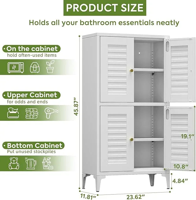 46''H Metal Small Bathroom Storage Cabinet with 4 Doors and Adjustable Shelves, Pantry Cabinet for Home, Kitchen, Assembly Required, White - ModernBath
