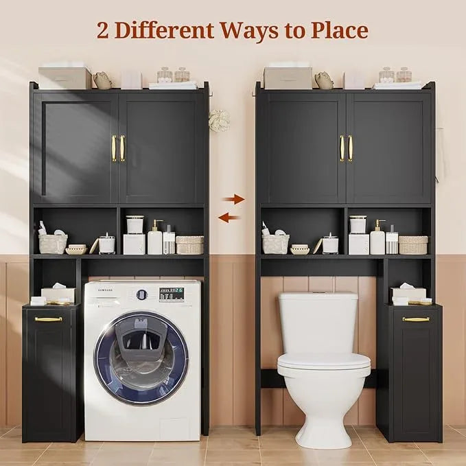 Over The Toilet Storage Cabinet with Pulley Small Bathroom Storage Cabinet, Space Saver W/Adjustable Shelf & Open Shelf for Bathroom, Restroom, Laundry (Black) - ModernBath