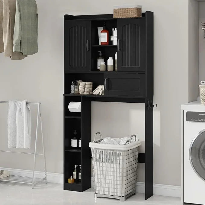Vabches Farmhouse Over The Toilet Storage Cabinet with 2 Barn Doors & Sliding Door, Over The Toilet Bathroom Organizer with Open Storage Layer and Adjustable Shelves & Hooks.Black - ModernBath