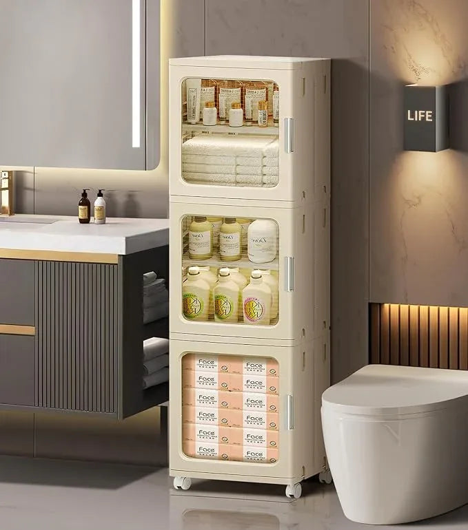 3-Tier Slim Narrow Bathroom Storage Cabinet with Movable Wheels and Adjustable Shelves Plastic Cabinets with Doors Freestanding Organizers for Kitchen Laundry Room Bedroom Pantry,Beige - ModernBath