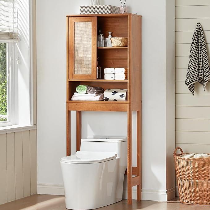 LEYAOYAO Over The Toilet Storage Cabinet with Rattan Sliding Door, 68" Tall Wood Above Toilet Bathroom Organizer w/Adjustable Shelf & Curved Profile, Space Saver Freestanding Washer Shelf - ModernBath