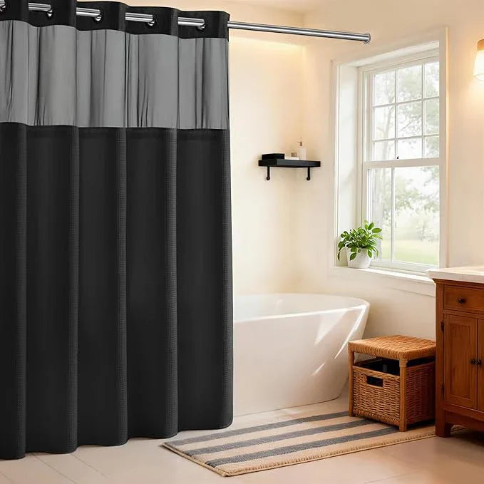 River Dream Black Shower Curain No Hooks Dotted Waffle Weave Shower Curtain with Snap in Liner - 71W x 74H,Hotel Grade,Spa Like Bath Curtain Set - ModernBath