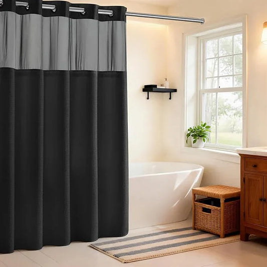River Dream Black Shower Curain No Hooks Dotted Waffle Weave Shower Curtain with Snap in Liner - 71W x 74H,Hotel Grade,Spa Like Bath Curtain Set - ModernBath