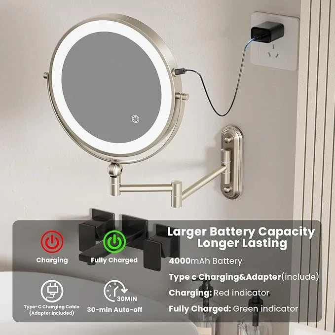 9" Wall Mounted LED Lighted Makeup Vanity Mirror - 4000mAh Rechargeable Double Sided 1X/30X Magnifying Mirror, 3 Color Lights Touch Dimmable, Height Adjustable Extended Arm 360° Swivel Bathroom Mirror - ModernBath