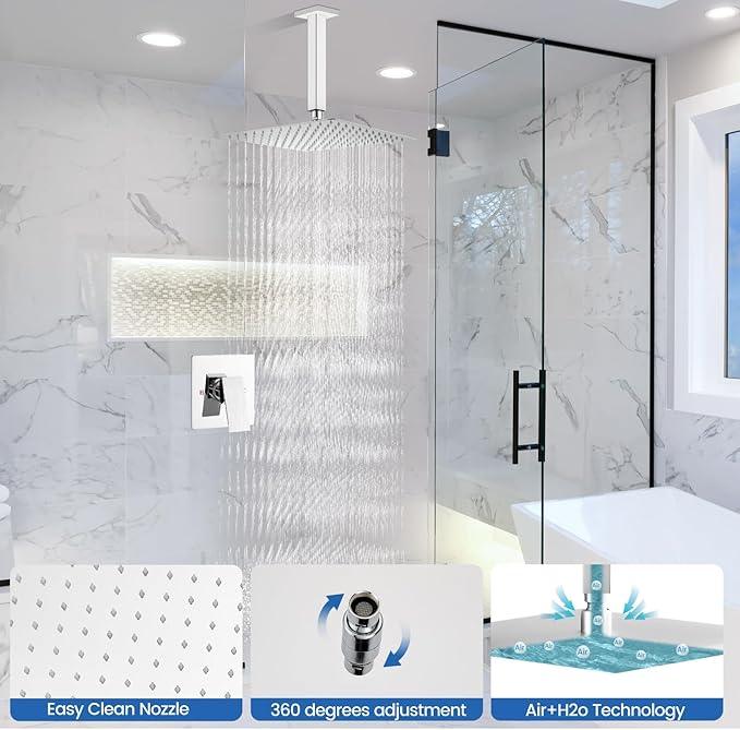 Airuida Shower Faucet Set and Handle Set Single Function Shower Trim Kit Ceiling Mount Rainfall Shower System with Male Threads and Rough-in Valve 12 Inch Square Shower Head Chrome Polish - ModernBath