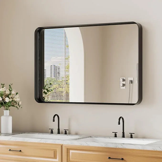Koonmi Black Wall Mirror for Bathroom, 24x36 Inch Matte Deep Framed Rounded Rectangle Vanity Mirror for Farmhouse Living Room, Tempered Glass, Anti-Rust, Vertically or Horizontally - ModernBath