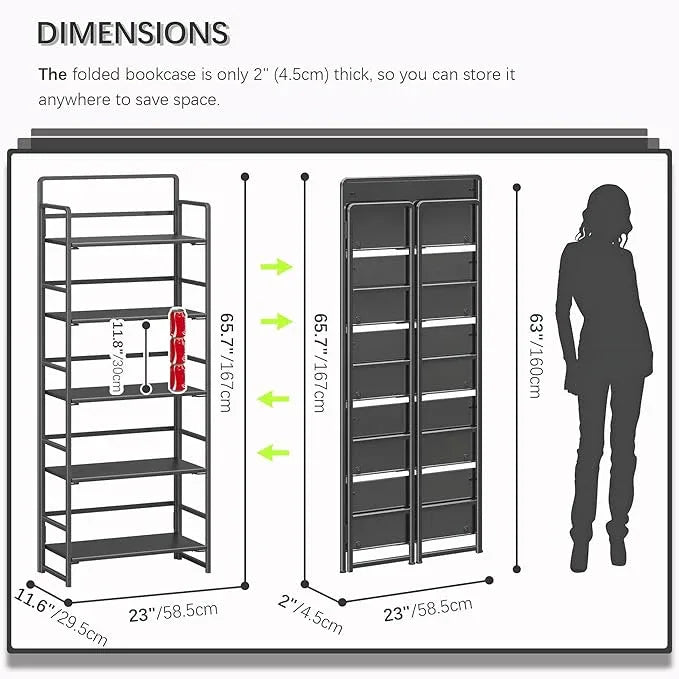 4NM No Assembly 5 Tiers Folding Bookshelf Storage Shelves Vintage Bookcase Standing Racks Study Organizer Home Office (All Black) - ModernBath
