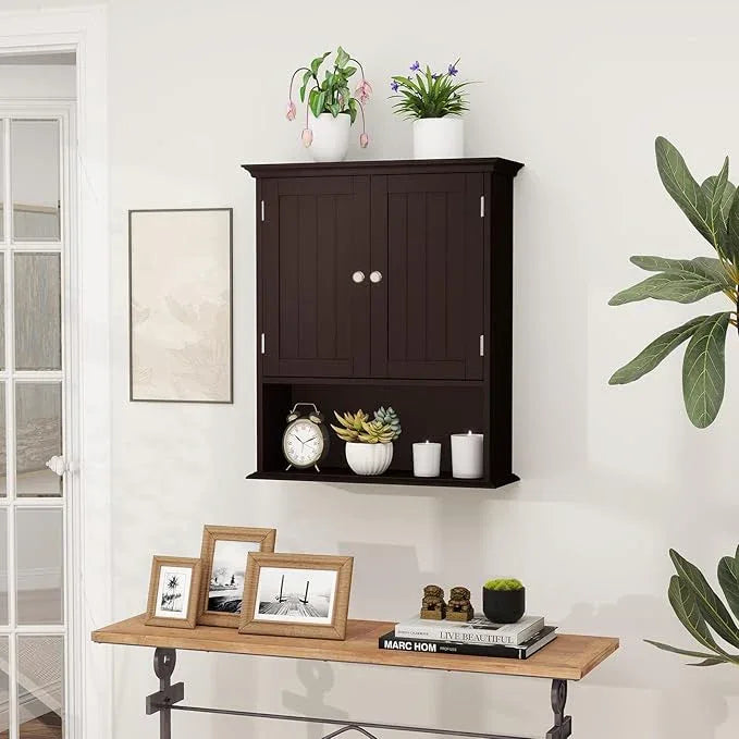 Tangkula Bathroom Wall Cabinet, Wooden Hanging Storage Cabinet with Doors & Shelves, Multipurpose Storage Cabinet for Restroom Kitchen Living Room, Wall Mounted Bathroom Medicine Cabinet (Brown) - ModernBath