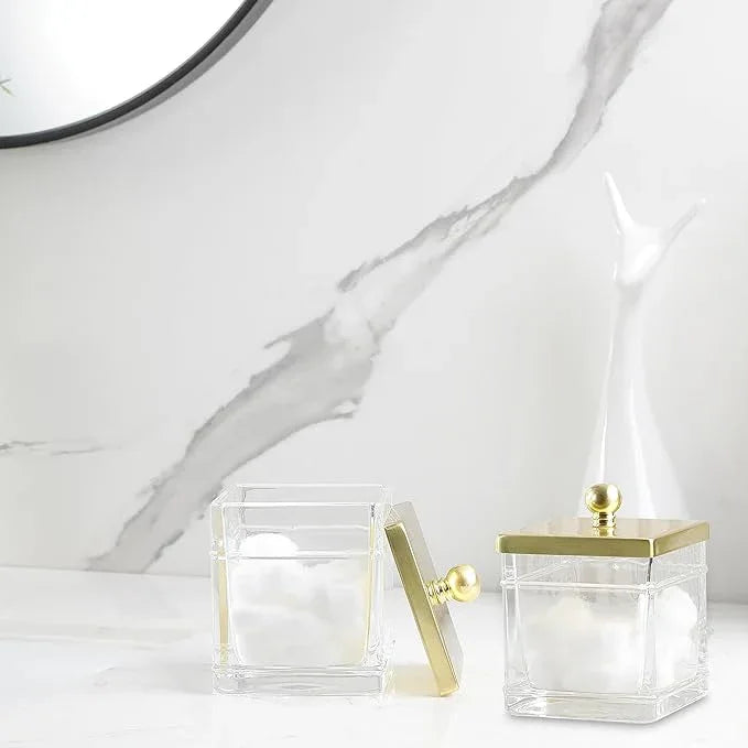 Indecor Home Glass Cotton Jar Holder 2 Pack– Brushed Gold Lid, Elegant Bathroom Storage Canister for Qtips, Cotton Balls, Floss, Makeup Organizer, Vanity & Bathroom Organization - ModernBath