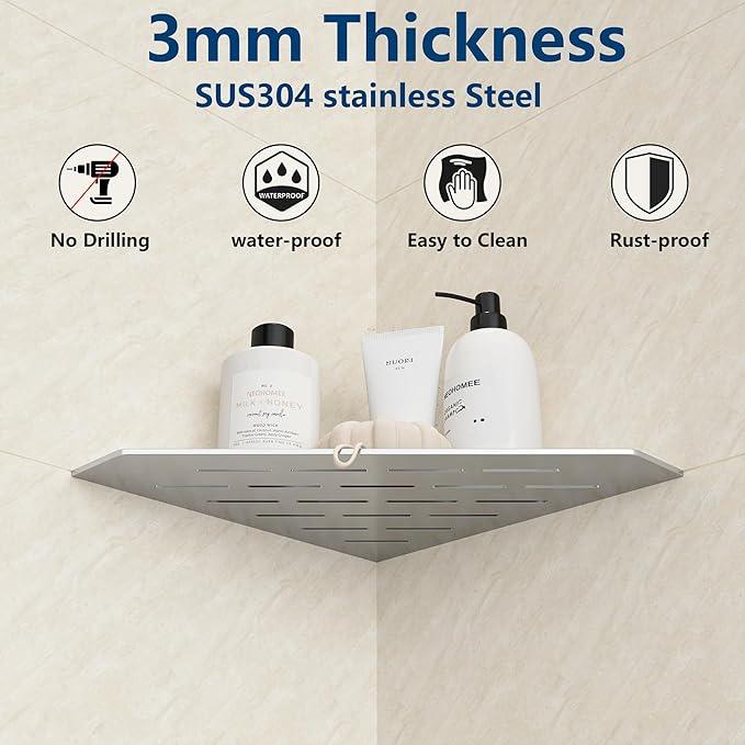 Brushed Corner Shower Shelf, Floating Corner Shelves for Tile Wall, Tile Shower Shelf, 304 Stainless Steel Wall Storage Shelves for Bathroom, No Drilling, 10 Inch, 1 Pack - ModernBath