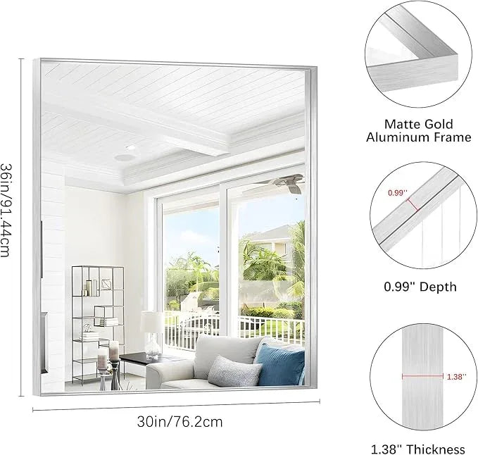 Silver Bathroom Mirror, 30x36 Inch Rectangular Framed Mirror, Large Wall Mounted Bathroom Vanity Mirror Over Sink for Bedroom,Restroom, Living Room, Hangs Vertically or Horizontally - ModernBath