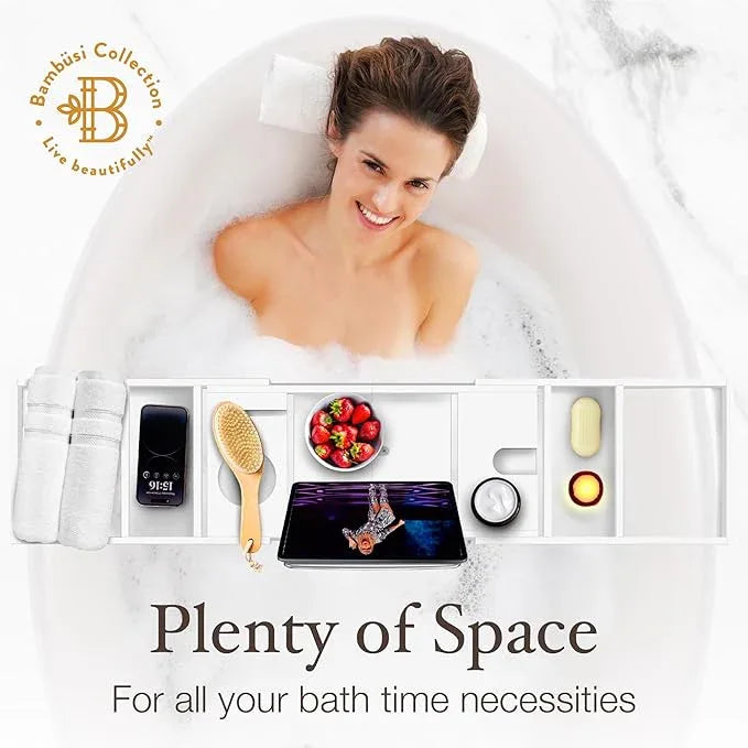 Wooden Bathtub Tray - Foldable & Expandable Bamboo Bath Tray for Tub with Wine Holder, Book & Tablet Stand - Bath Caddy Tray for Bathtub, Spa Bath Accessories, Tub Tray Table, Gifts for Her (White) - ModernBath
