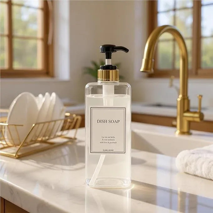 Modern Gold Design Shampoo and Conditioner Dispenser, Large 27oz Shower Soap Dispenser, Set of 3 Refillable Empty Plastic Pump Bottles for Bathroom (6 Waterproof Labels Included), (Clear & Black) - ModernBath