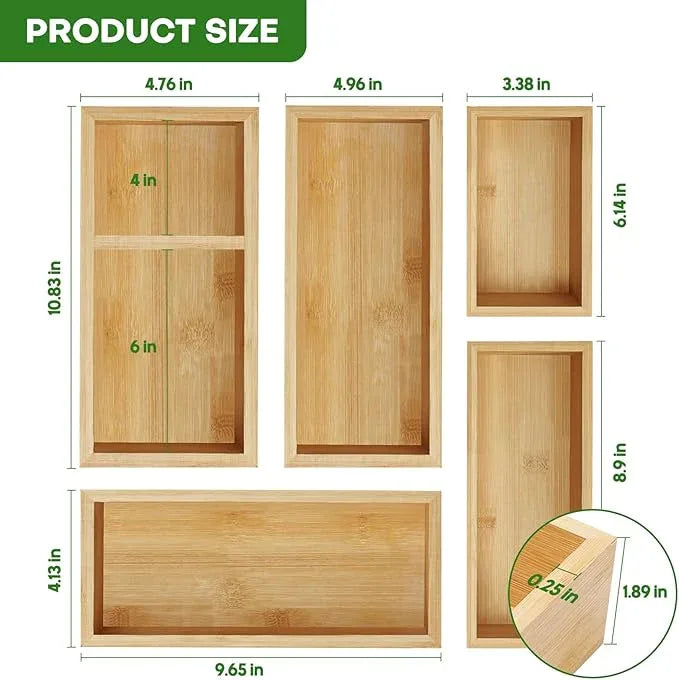 Bamboo Drawer Organizer Set, 5 PCS Multi-Use Individual Wood Storage Organizers, Junk Drawer Divider and Storage Trays Containers for Kitchen, Bathroom, Office Desk, Makeup, Jewelry, Utensils - ModernBath