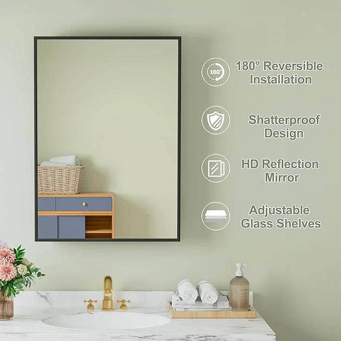 Buruis 20" x 28" Framed Medicine Cabinet with Mirror, Recessed or Wall Mounted Bathroom Cabinet, Adjustable Tempered Glass Shelves, Left/Right Open Reversible, No Assembly Required, Black - ModernBath