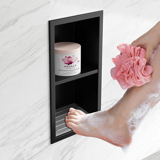 Qeke Shower Foot Rest for Shaving Legs, 304 Stainless Steel Footrest Niche with Shaving Holder, Recessed Shower Niche for Shaving Legs, Matte Black, 5.9" X 12.3" - ModernBath