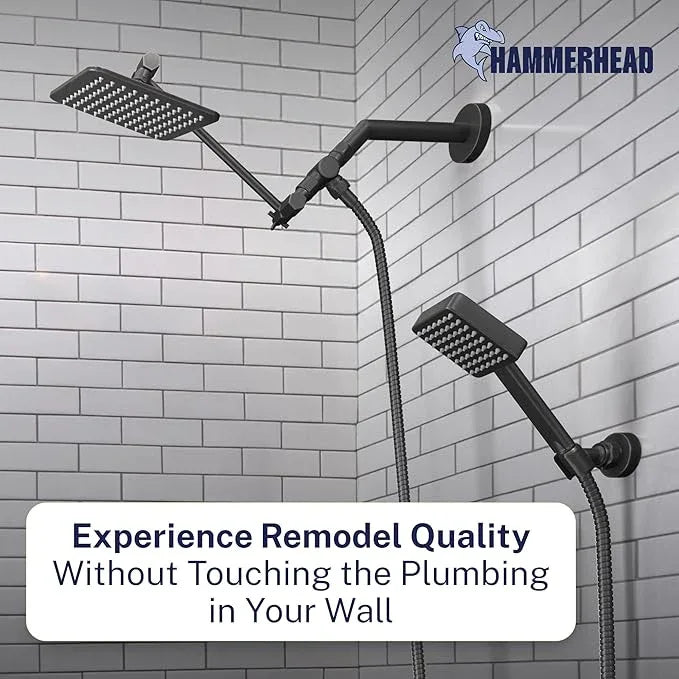 HammerHead® Solid Metal Dual Shower Head Combo — 8" Square Rain Shower Head with Handheld, 12" Adjustable Arm & Wall-Mount Holder for Flexible Installation — Matte Black - ModernBath