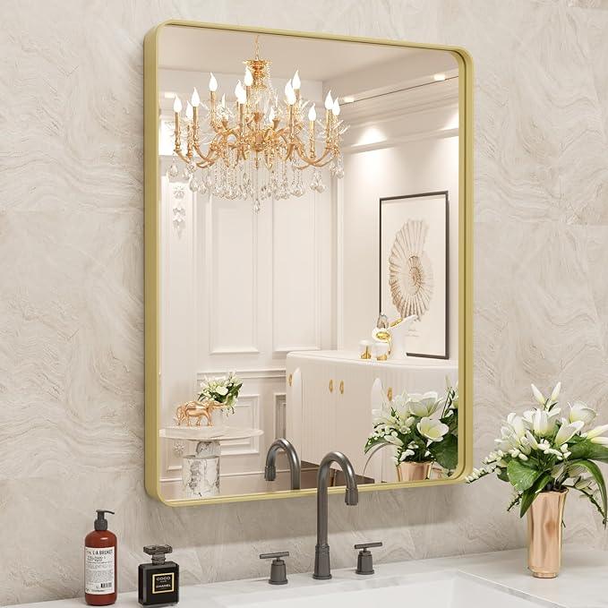 WEER Gold Bathroom Mirror, 24X36 Inch Brushed Gold Metal Frame Mirror, Rounded Rectangle Gold Bathroom Vanity Mirror for Wall, Tempered Glass, Anti-Rust, Hangs Horizontally or Vertically - ModernBath