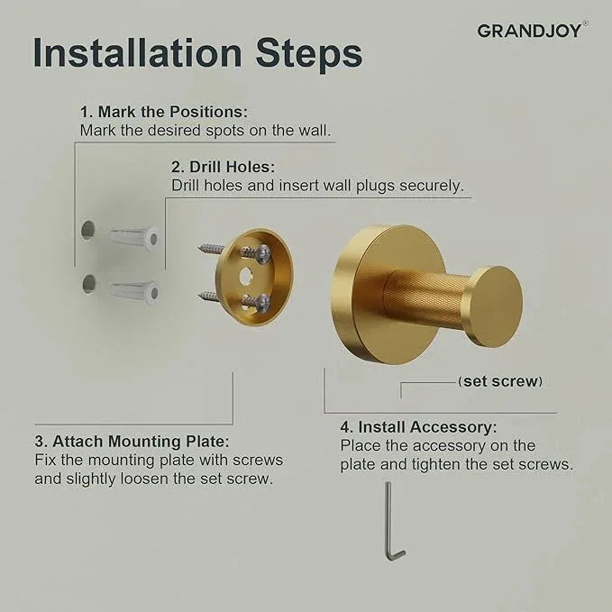 Brushed Gold Bathroom Hardware Accessories Set, Knurled SUS304 Stainless Steel Kit, Towel Bar, Ring, Robe Hook, Paper Holder, Wall Mounted - ModernBath