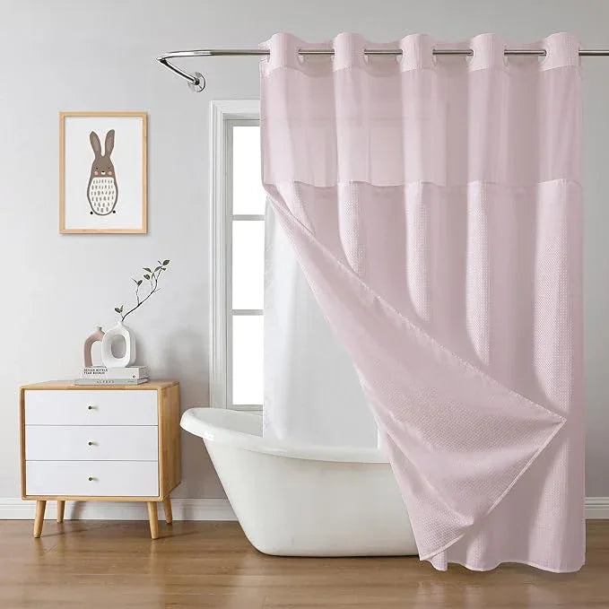 eachope BlushPink Extra Long No Hook Waffle Weave Shower Curtain with snap-in Liner Replacement, 230GSM Waterproof Fabric Hotel Shower Curtain Set for Bathroom, Through Mesh Top Window,71Wx86H - ModernBath