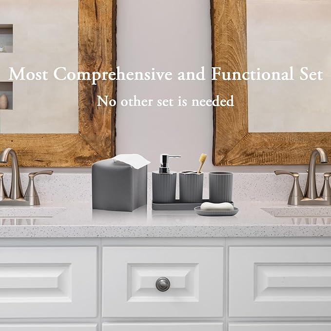 Bathroom Accessory Set - 10 Piece Grey Bathroom Accessories Set with Trash Can, Toothbrush Holder and Cup, Soap Dispenser, Soap Dish, Toilet Brush Holder, Vanity Tray, Qtip Holder, Tissue Box Cover - ModernBath