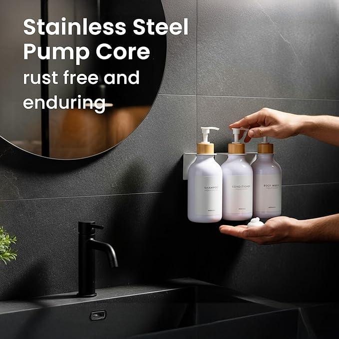 MaisoNovo Shampoo and Conditioner Dispenser - Shower Soap Dispenser Wall Mounted - 16.9 fl oz Set of 3 White Plastic Bottles Bamboo Pump - 3 Chamber No Drill - ModernBath