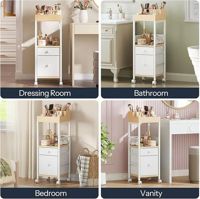 HOOBRO Makeup Organizer Cart, Floor Makeup Storage with Fabric Drawers, Mobile Vanity Organizer, Cosmetics Display Cases, for Skincare, Brush, Hair Tool, Perfume, White and Natural WN19TC04 - ModernBath