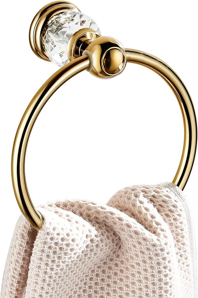 WINCASE Crystal Towel Ring, Gold Towel Holders for Bathrooms, Round Hand Towel Rack Wall Mounted Decorative - ModernBath