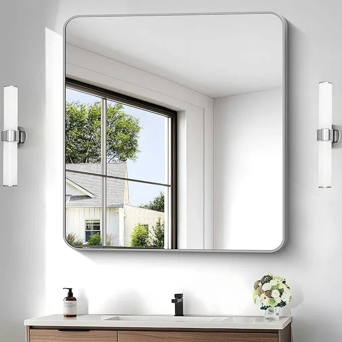 CIVENO Silver Bathroom Mirror, 42 x 42 Inch Silver Square Mirror, Metal Framed Rectangular Vanity Mirror, Rounded Corner Wall Mounted Mirror for Living Room Bedroom Entryway Hangs Horizontal/Vertical - ModernBath