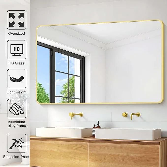 CIVENO 55"x36" Gold Bathroom Mirror, Large Rectangle Mirror, Rectangular Wall Mirror, Rounded Corner Vanity Mirror with Aluminum Metal Frame for Bathroom Bedroom Living Room Horizontal/Vertical - ModernBath