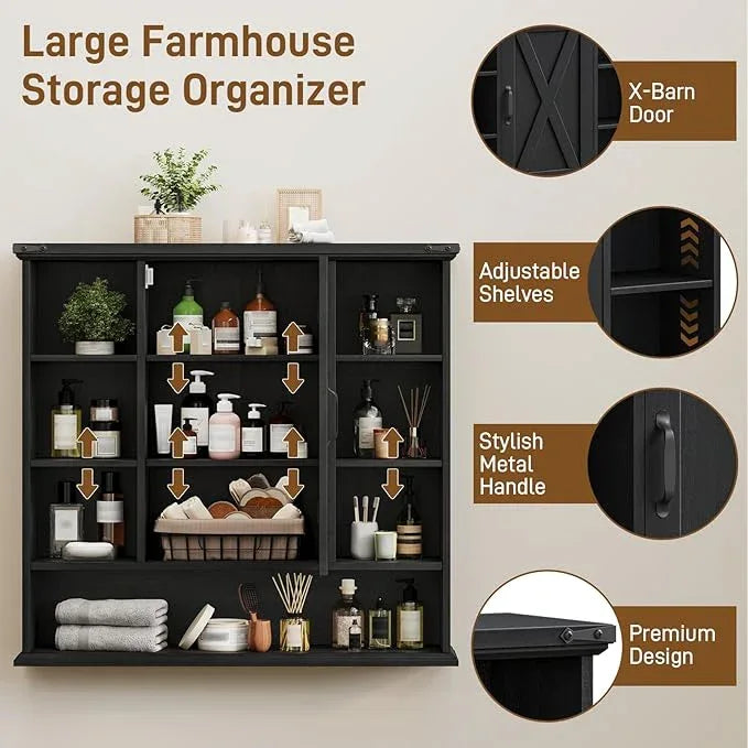 Bathroom Wall Cabinet, Farmhouse Medicine Cabinet with Adjustable Shelves and Barn Doors, Large Wall Mounted Over The Toilet Storage Cabinet for Bathroom, Laundry Room, Kitchen, Rustic Black - ModernBath