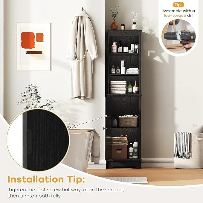Narrow Bathroom Storage Cabinet with Door and Open Adjustable Shelves, 60.9" H Wooden Tall Tower Corner Farmhouse Cabinet, Freestanding Organizer for Kitchen, Entryway Black - ModernBath