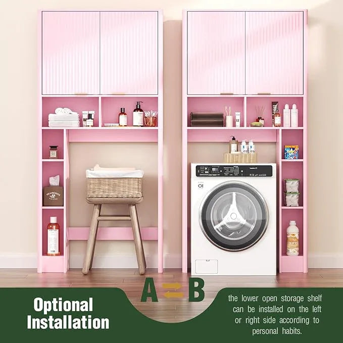 31" W Over The Toilet Storage Cabinet with Fluted Door, Pink Bathroom Organizer with Adjustable Shelf, Toilet Paper Holder Stand Wave Door for Restroom, Laundry Room - ModernBath