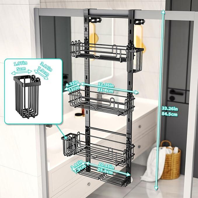 HapiRm 4 Tier Over the Door Shower Caddy, Hanging Shower Caddy with 22 Hooks and 2 Toothbrush Holders, No Drilling Adjustable Hanging Bathroom Organizer - Black - ModernBath