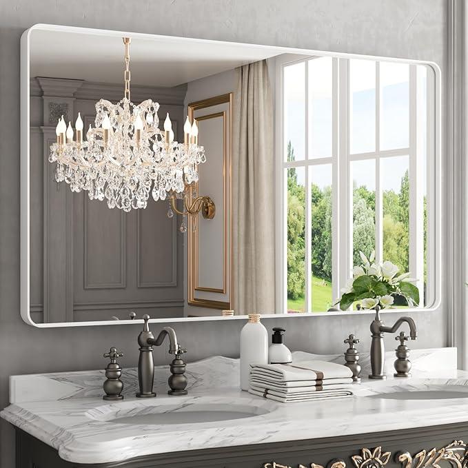 WEER White Bathroom Mirror 50X30 Inch, Rounded Rectangle White Metal Frame Mirror, Matte White Bathroom Vanity Mirror with Tempered Glass, Anti-Rust, Hangs Horizontally or Vertically - ModernBath