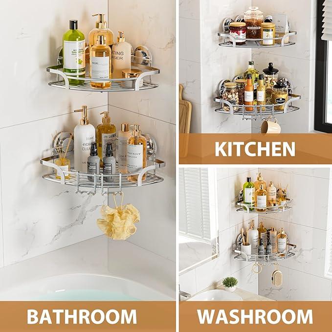 LEVERLOC 2 Pack Powerful Suction Cup Corner Shower Caddy, Stainless Steel Rustproof Shower Shelf with Hooks, Drill-Free Wall Mounted Bathroom Organizer, Large Capacity Removable Suction Basket, Silver - ModernBath