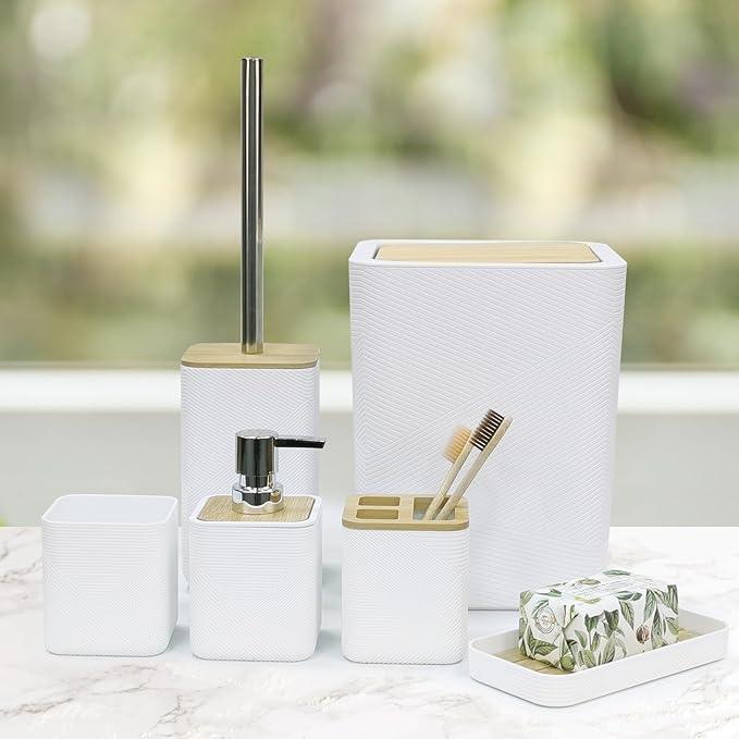 CERBIOR Bathroom Accessories Set 6 Piece Bamboo Bath Ensemble Includes Soap Dispenser, Toothbrush Holder, Toothbrush Cup, Soap Dish for Decorative Countertop and Housewarming Gift (White) - ModernBath