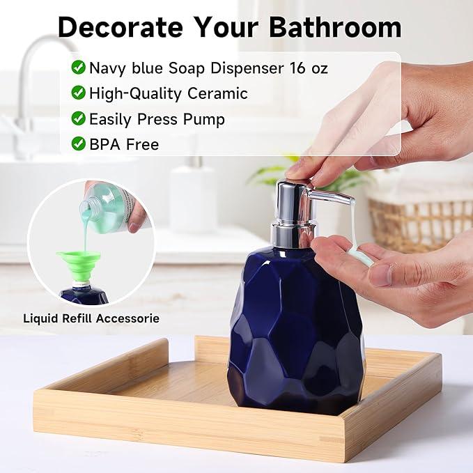 Ceramic Bathroom Accessories Set 4 PCS,Bathroom Toothbrush Holder Set,Soap and Toothbrush Holder Set,Include Toothbrush Holder,Soap Dispenser,Tumbler,Soap Dish,Bathroom Sets Decor Organizer(Navy Blue) - ModernBath